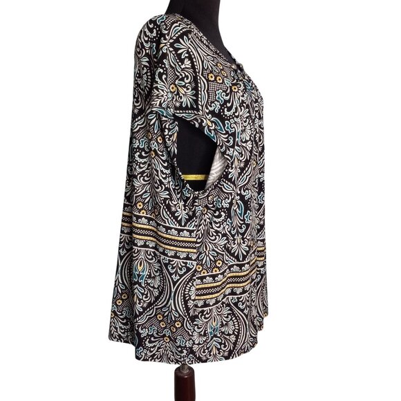 Carmen Marc Valvo Size 2X Tunic Top Womens Black Floral Short Sleeve Relaxed Fit - Picture 4 of 7